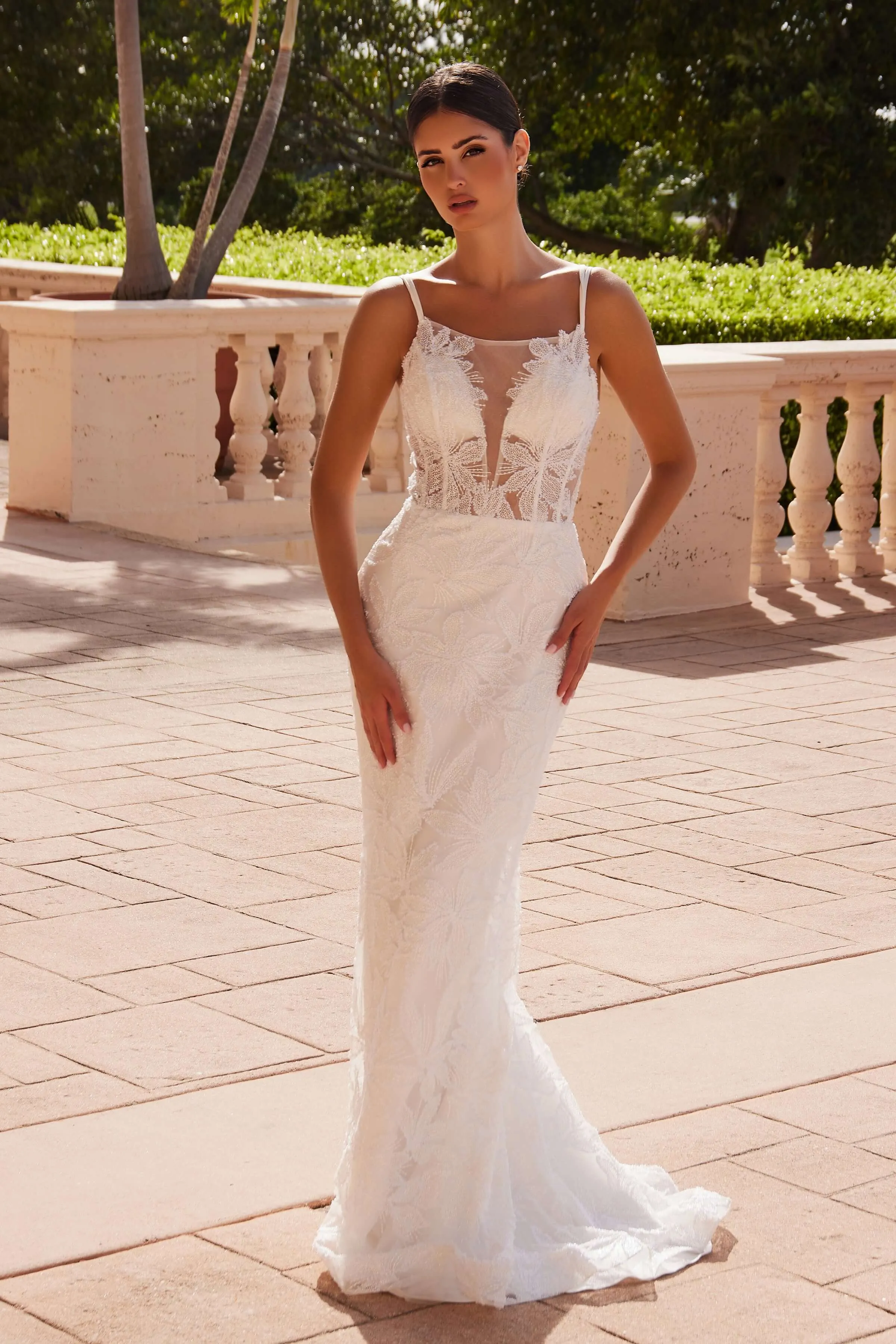 NOX ANABEL C1628W Detachable Skirt Beaded Long Wedding Dress