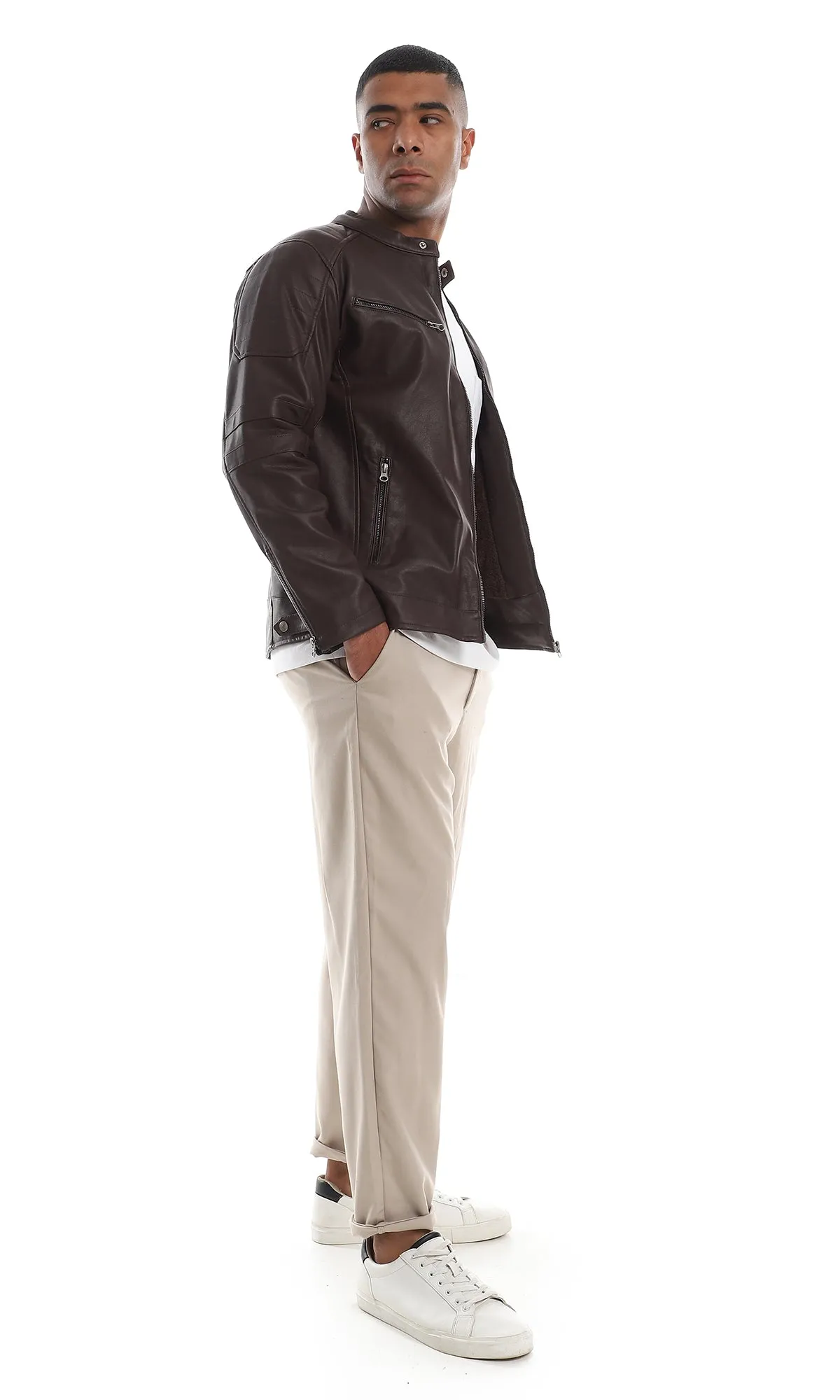 O156163 Internal Fur Band Neck Maroon Leather Jacket