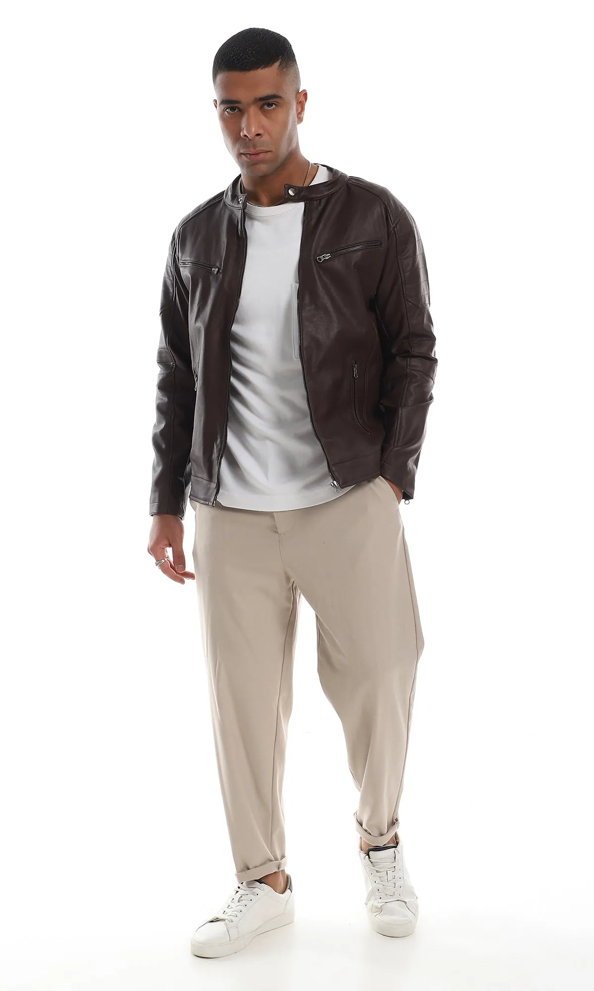 O156163 Internal Fur Band Neck Maroon Leather Jacket