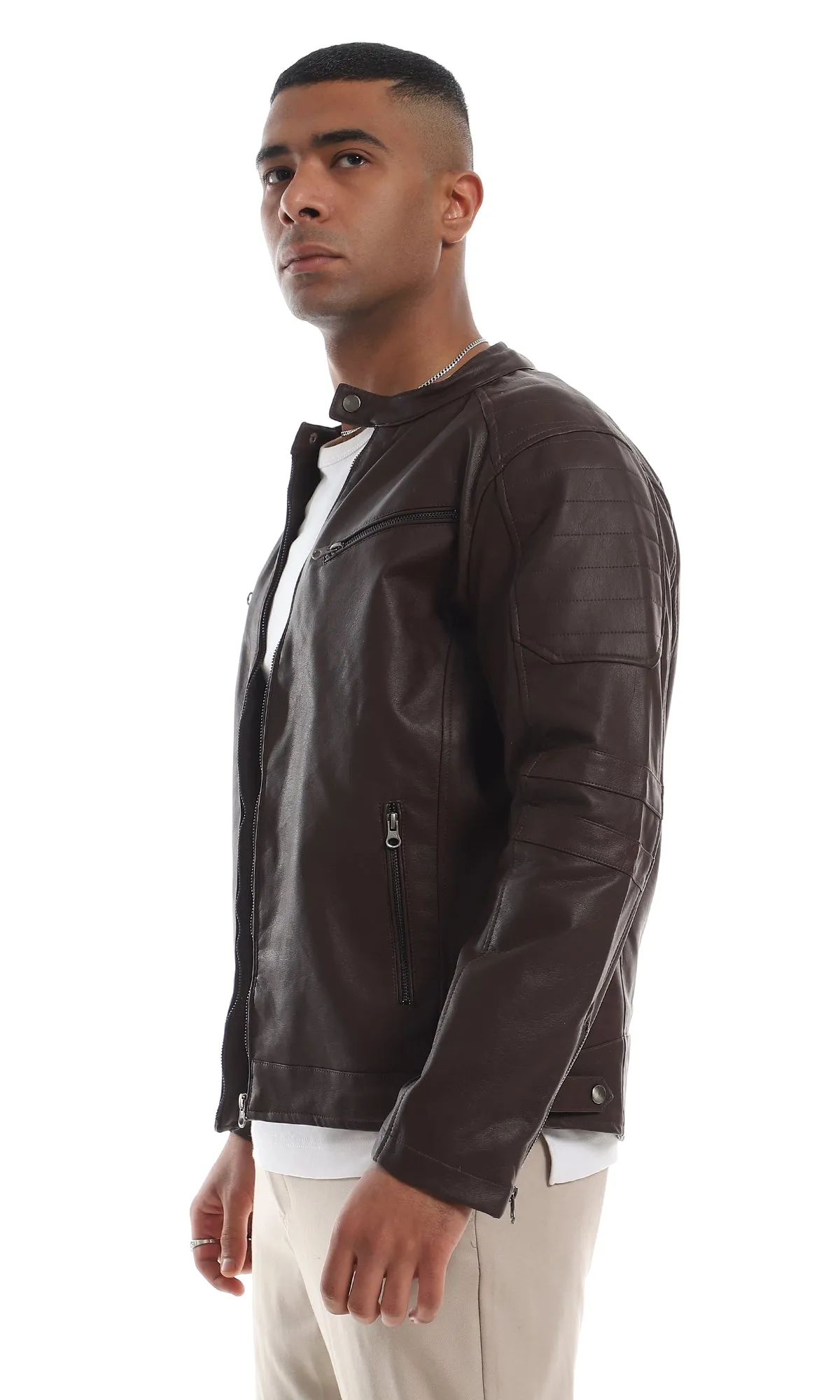 O156163 Internal Fur Band Neck Maroon Leather Jacket