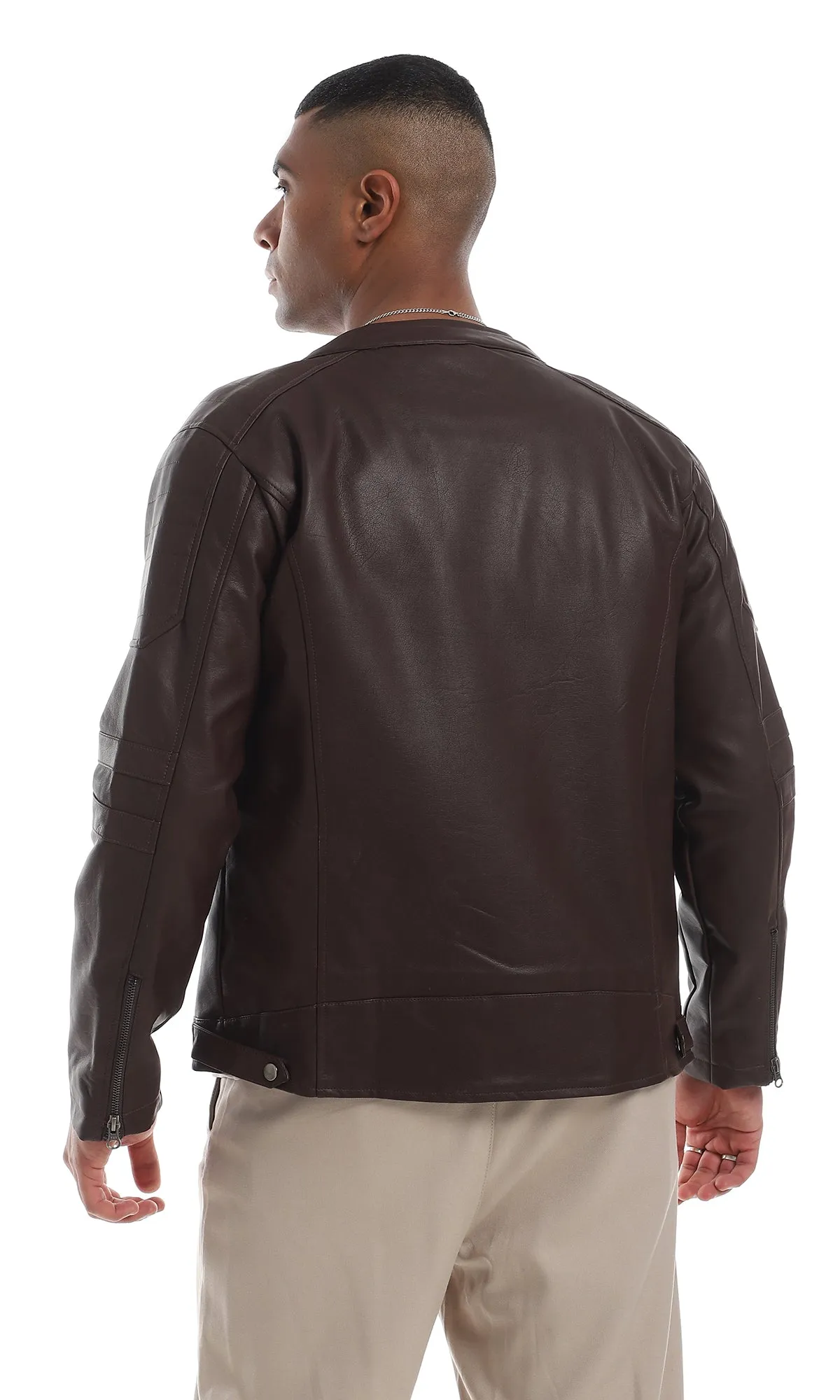 O156163 Internal Fur Band Neck Maroon Leather Jacket