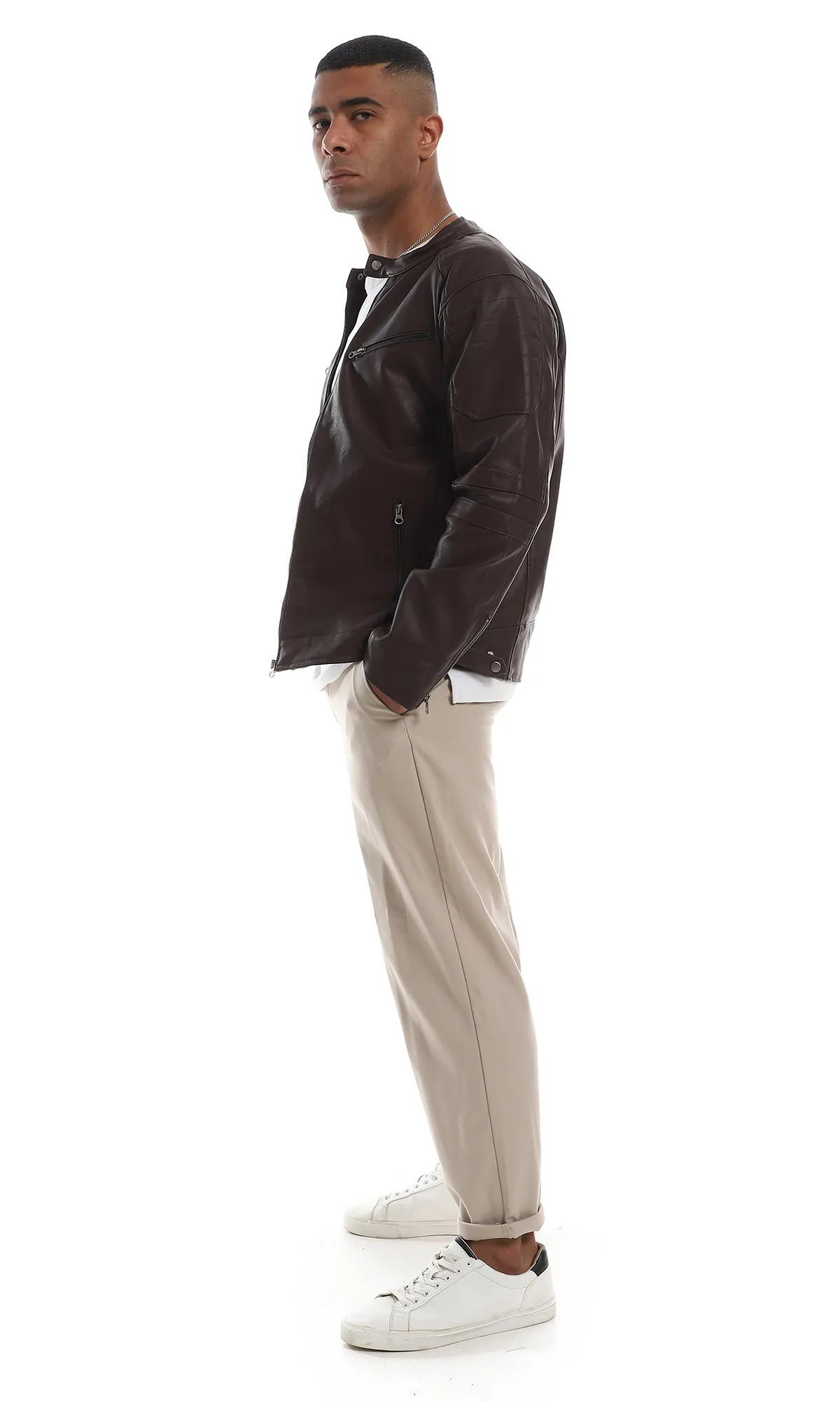 O156163 Internal Fur Band Neck Maroon Leather Jacket