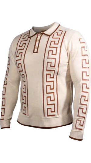 Prestige Tan Polo Sweaters Long Sleeves Brown Leather Greek Key Trim
