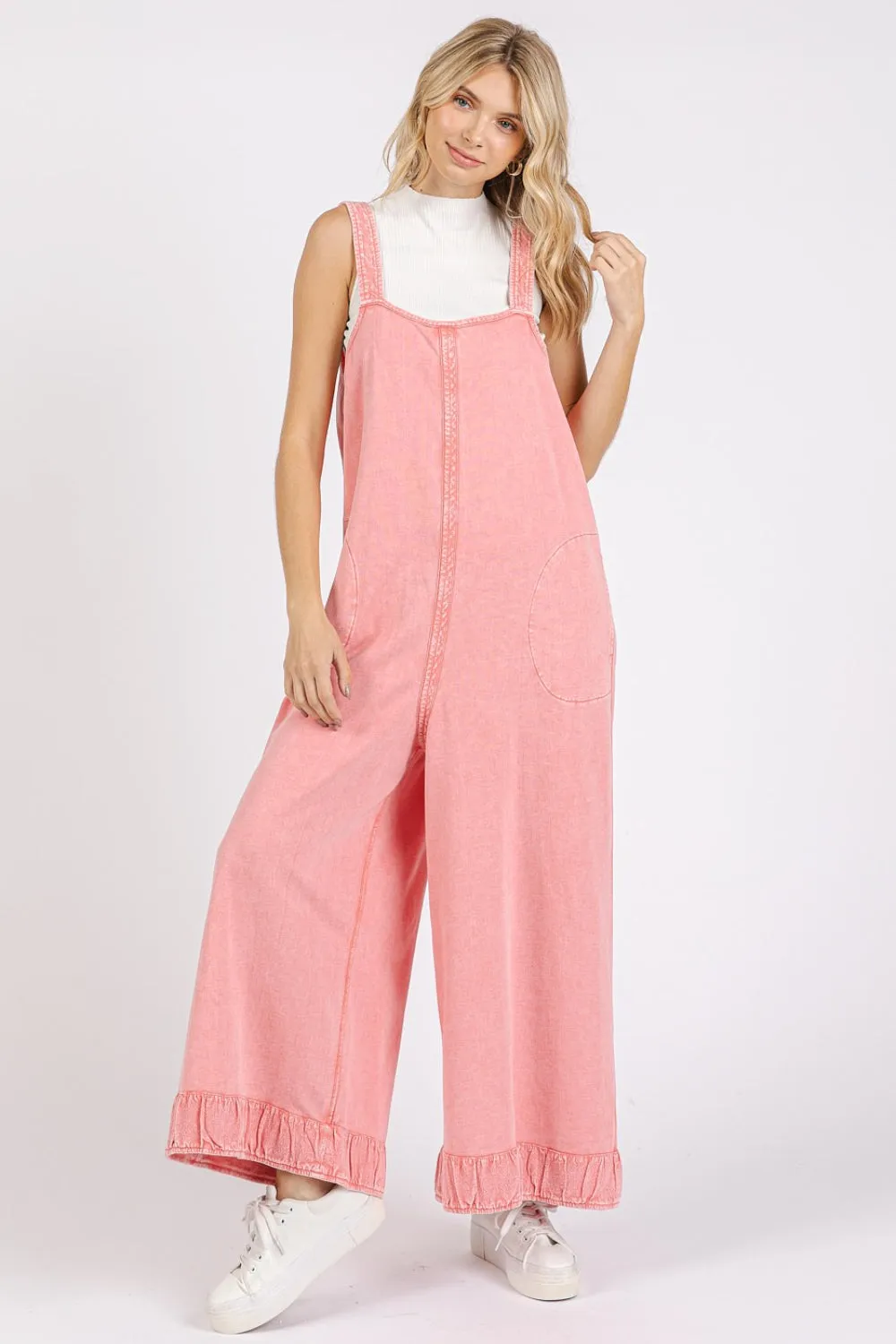 Ruffled Hem Wide Leg Overalls with Pockets