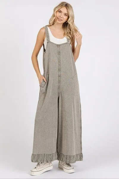 Ruffled Hem Wide Leg Overalls with Pockets