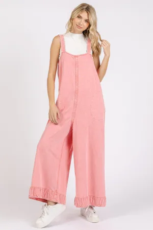 Ruffled Hem Wide Leg Overalls with Pockets