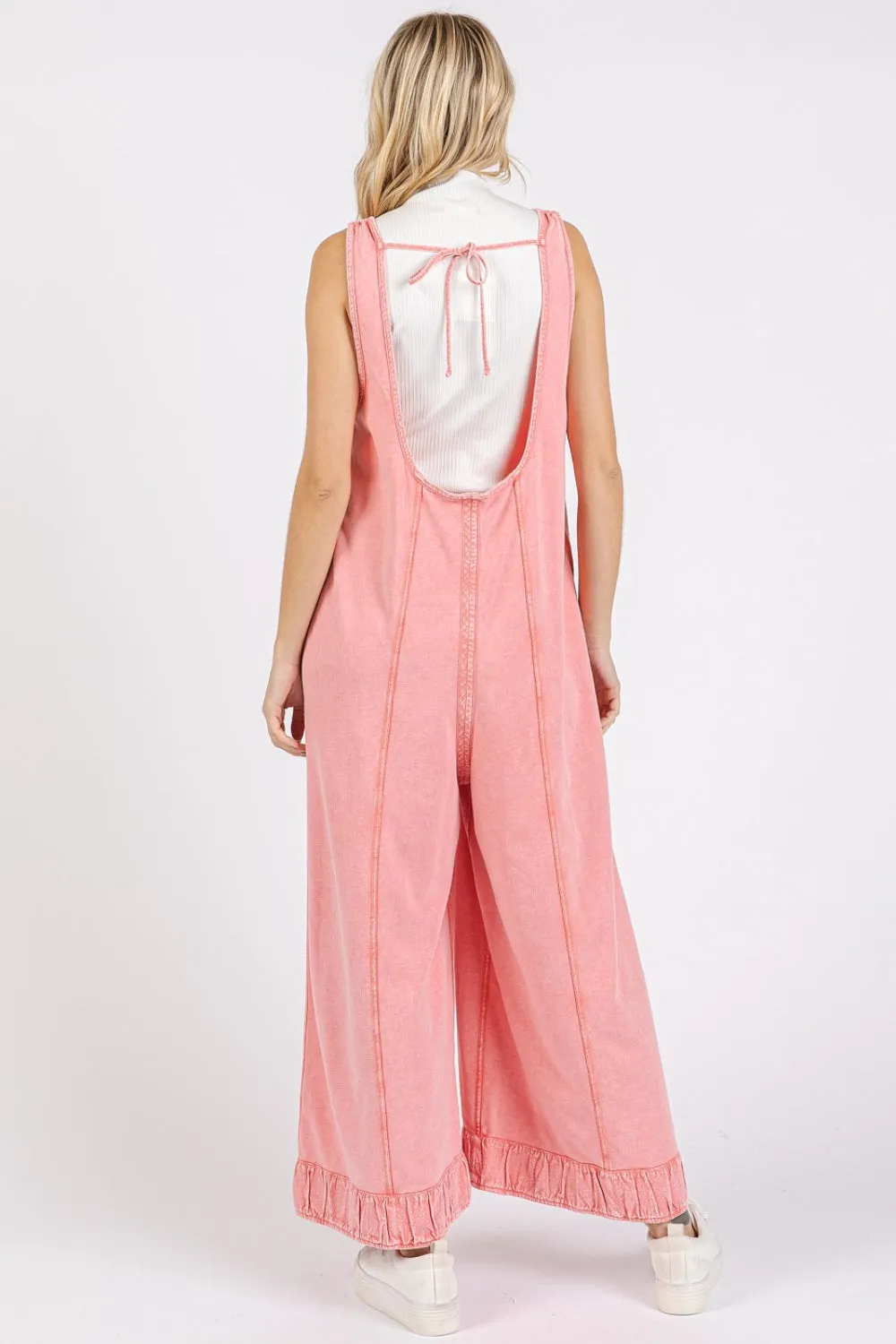 Ruffled Hem Wide Leg Overalls with Pockets