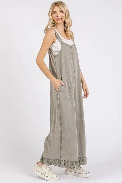 Ruffled Hem Wide Leg Overalls with Pockets
