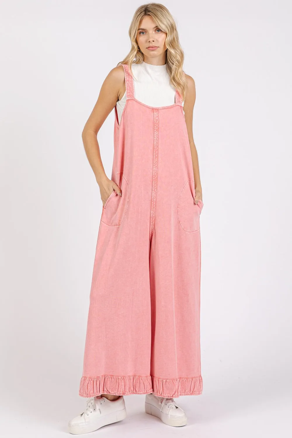 Ruffled Hem Wide Leg Overalls with Pockets