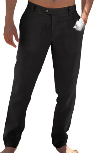 Runcati Mens Casual Pants Elastic Waist Linen Lightweight Straight-Legs Loose Fit Summer Beach Yoga Trousers