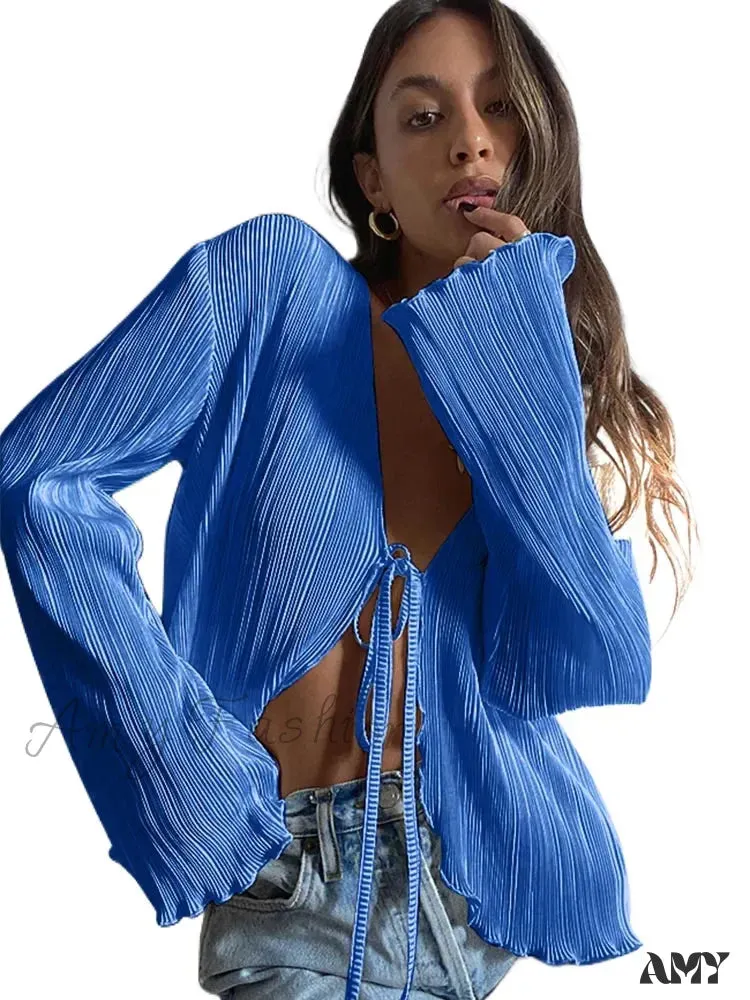 Sexy White Lace-Up Summer Autumn Long Sleeve Pleated Blouse
