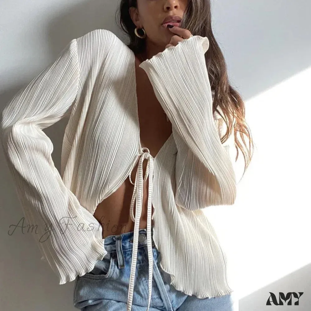 Sexy White Lace-Up Summer Autumn Long Sleeve Pleated Blouse
