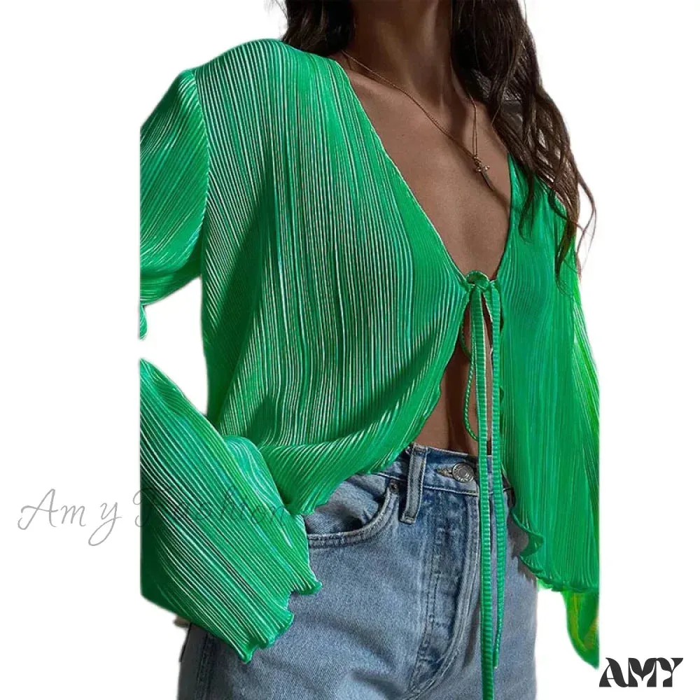 Sexy White Lace-Up Summer Autumn Long Sleeve Pleated Blouse
