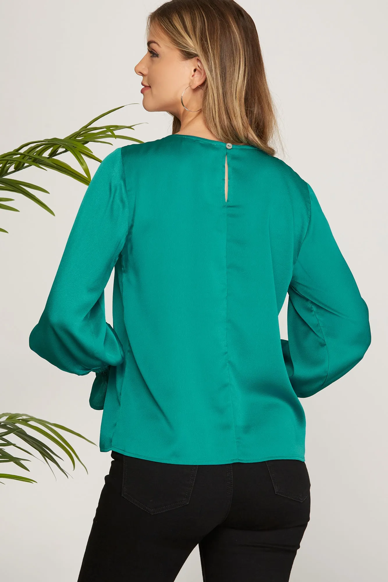 She And Sky Smocked Long Bubble Sleeve Satin Top In Peacock
