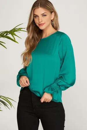 She And Sky Smocked Long Bubble Sleeve Satin Top In Peacock