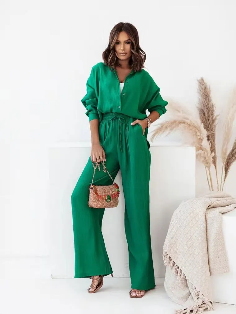 Soft Airy Fabric Loose Collared Shirt and Mid Waist Wide Pants
