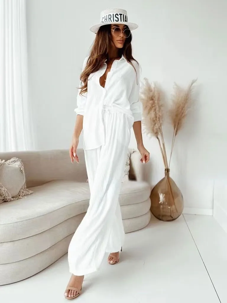 Soft Airy Fabric Loose Collared Shirt and Mid Waist Wide Pants