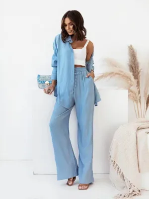 Soft Airy Fabric Loose Collared Shirt and Mid Waist Wide Pants