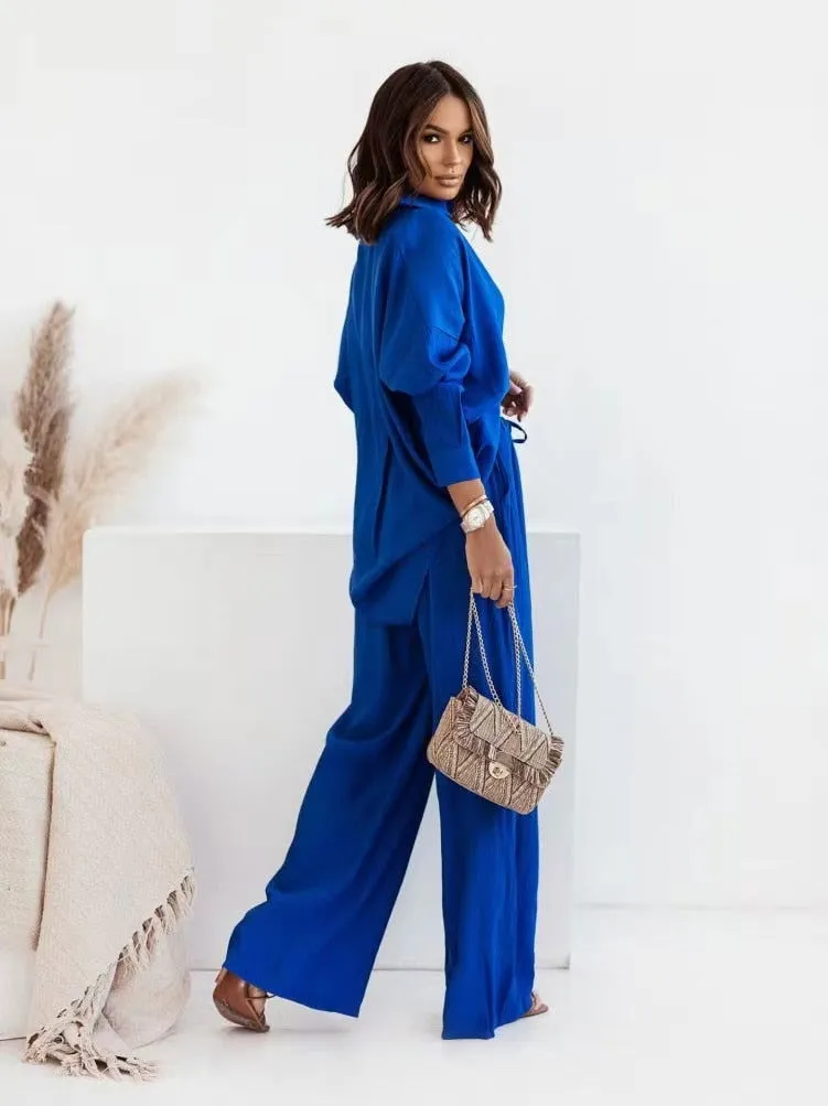 Soft Airy Fabric Loose Collared Shirt and Mid Waist Wide Pants