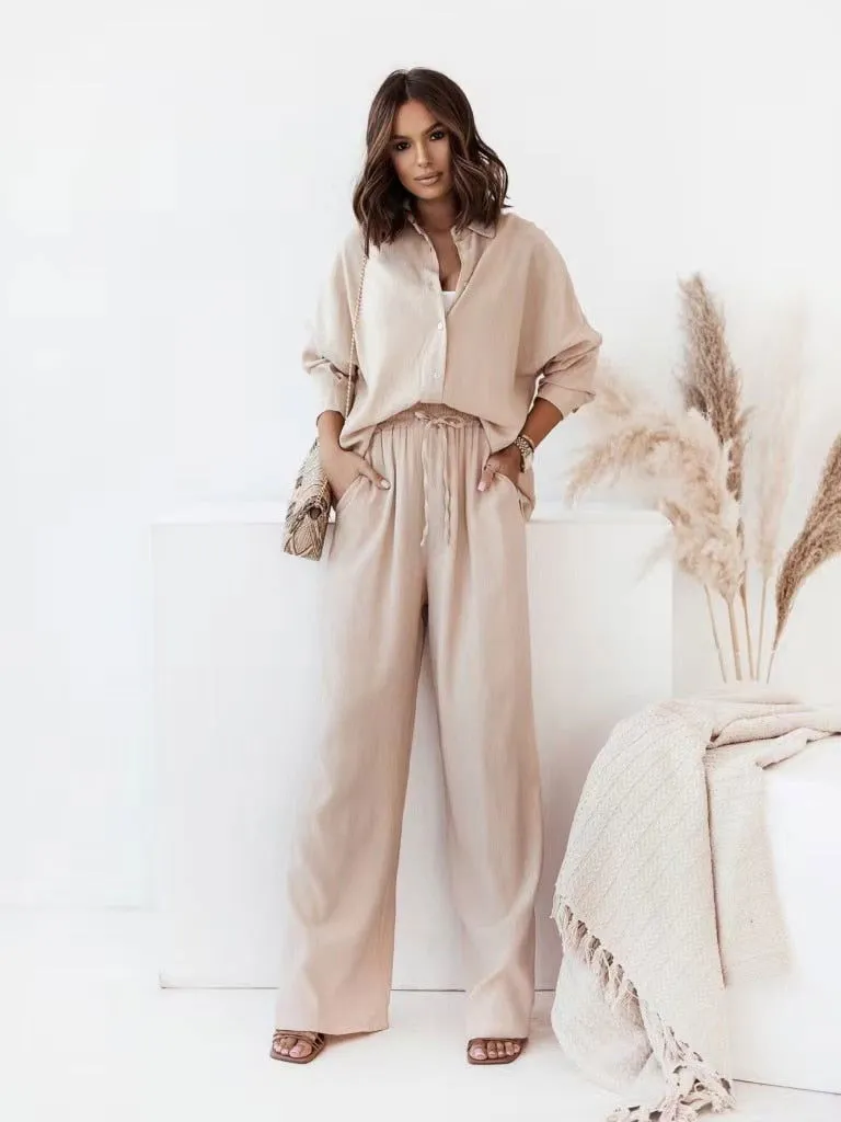 Soft Airy Fabric Loose Collared Shirt and Mid Waist Wide Pants