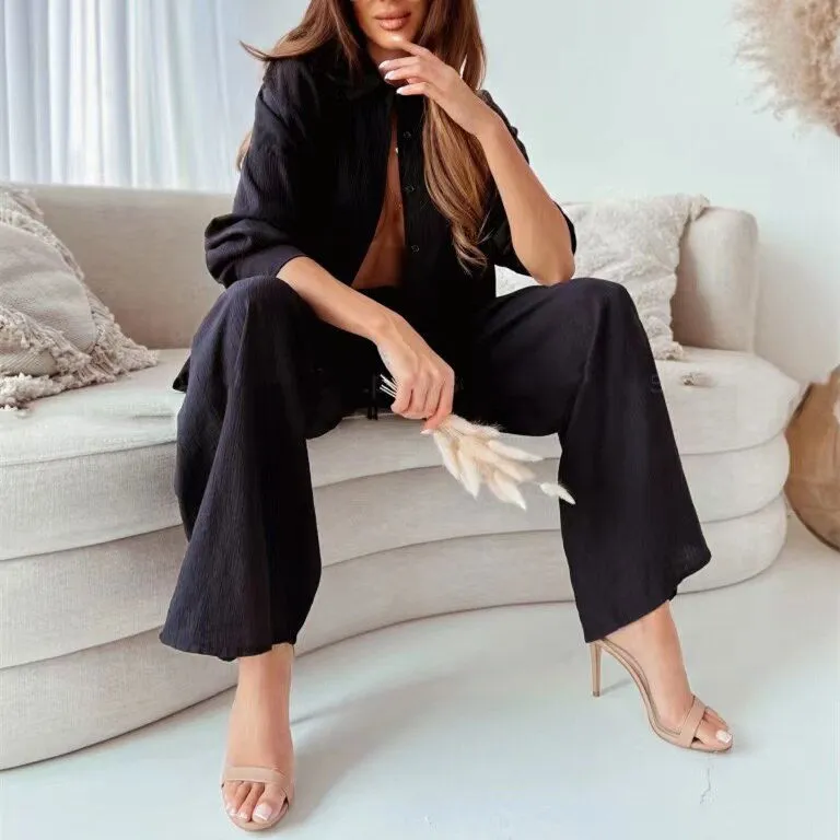 Soft Airy Fabric Loose Collared Shirt and Mid Waist Wide Pants