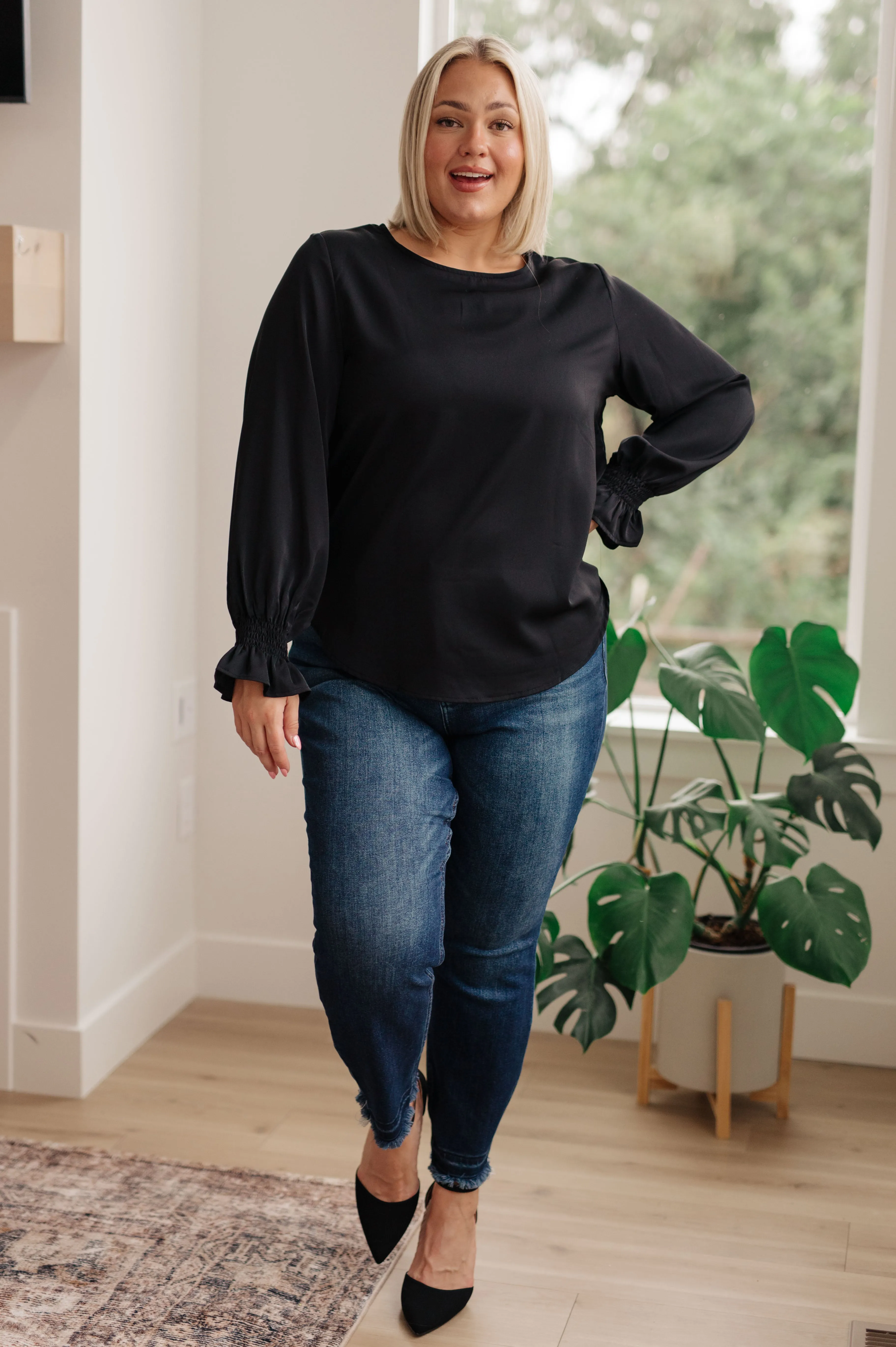 SP24- Peaceful Moments Smocked Sleeve Blouse in Black (Reg & Curvy)