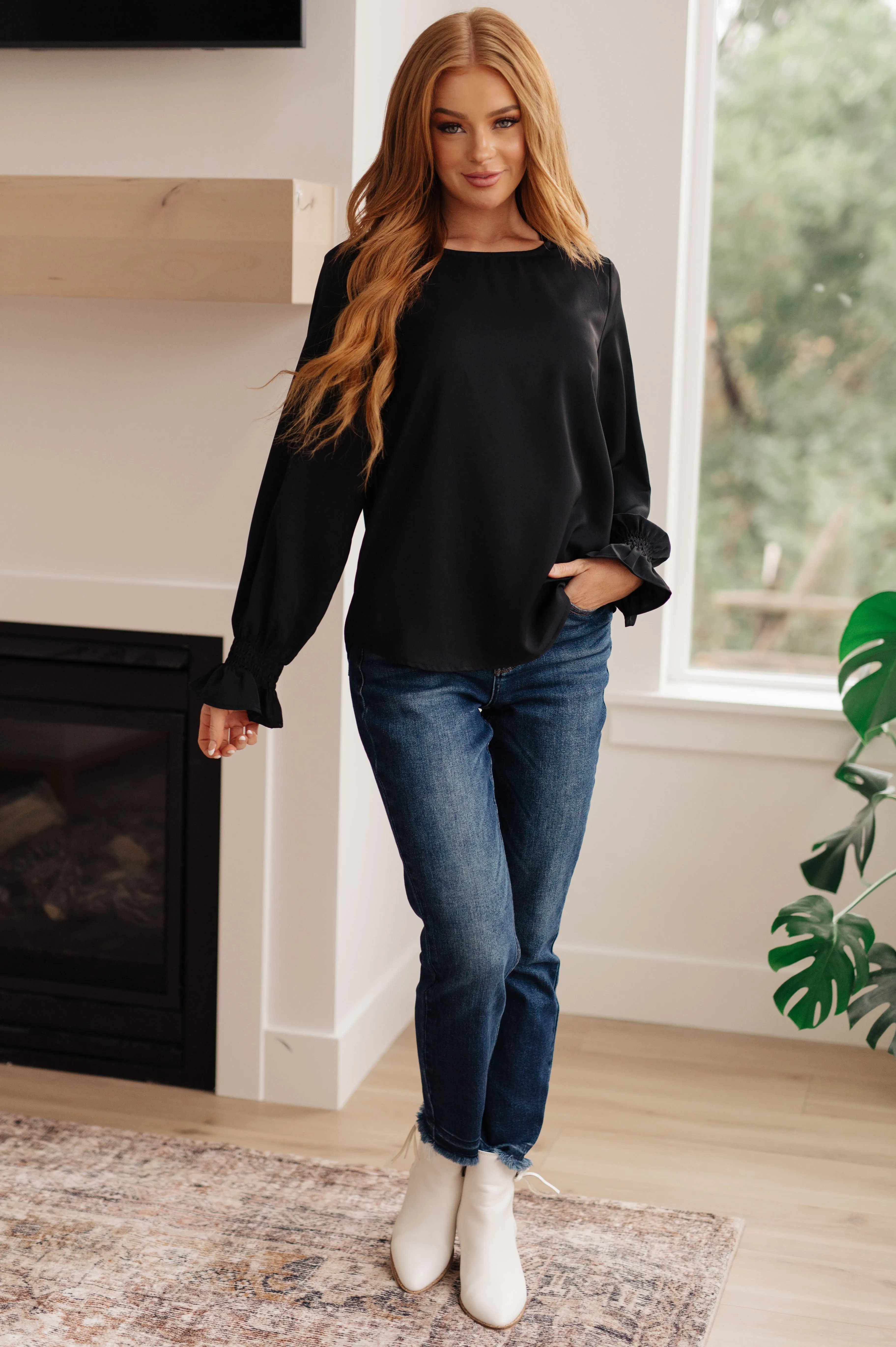 SP24- Peaceful Moments Smocked Sleeve Blouse in Black (Reg & Curvy)