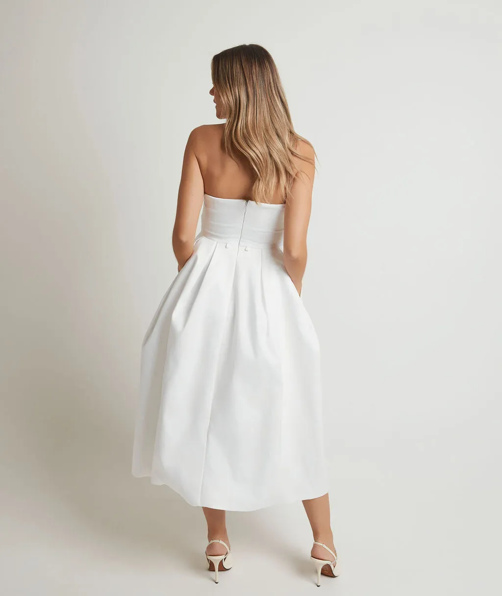 Strapless Bow Back Pleated Midi Dress - White