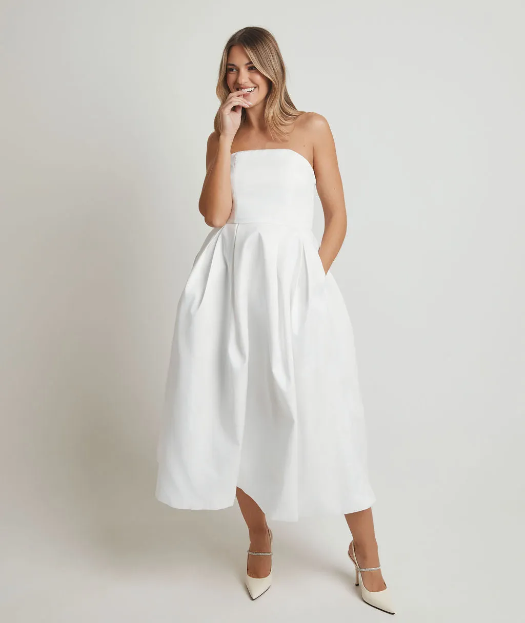 Strapless Bow Back Pleated Midi Dress - White