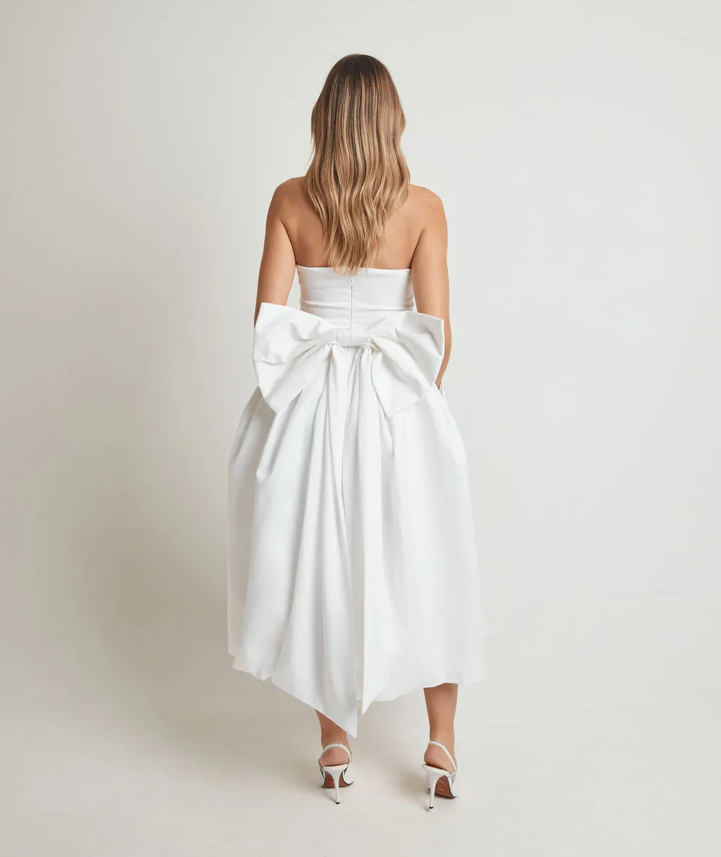 Strapless Bow Back Pleated Midi Dress - White