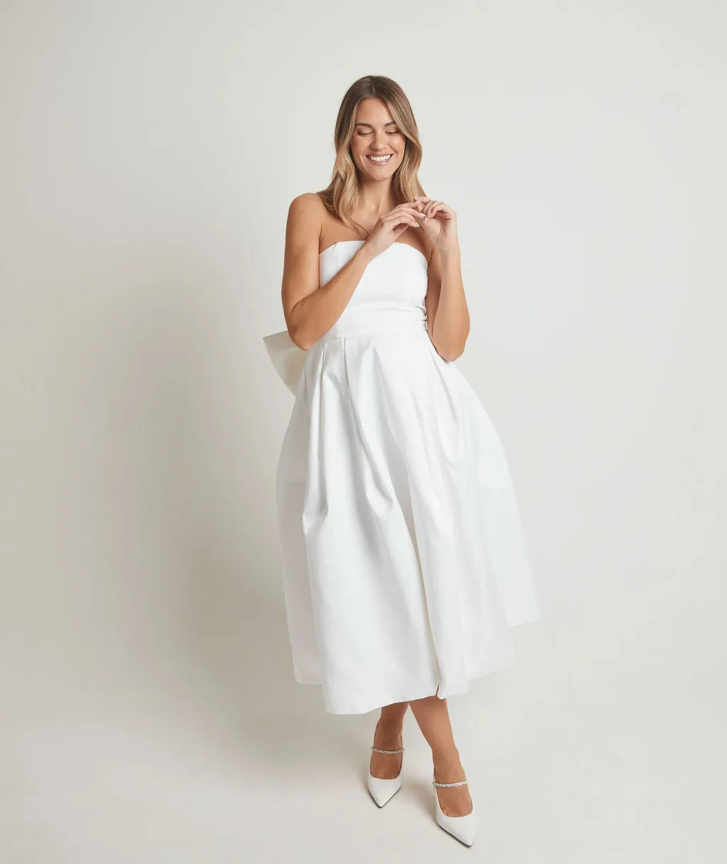 Strapless Bow Back Pleated Midi Dress - White