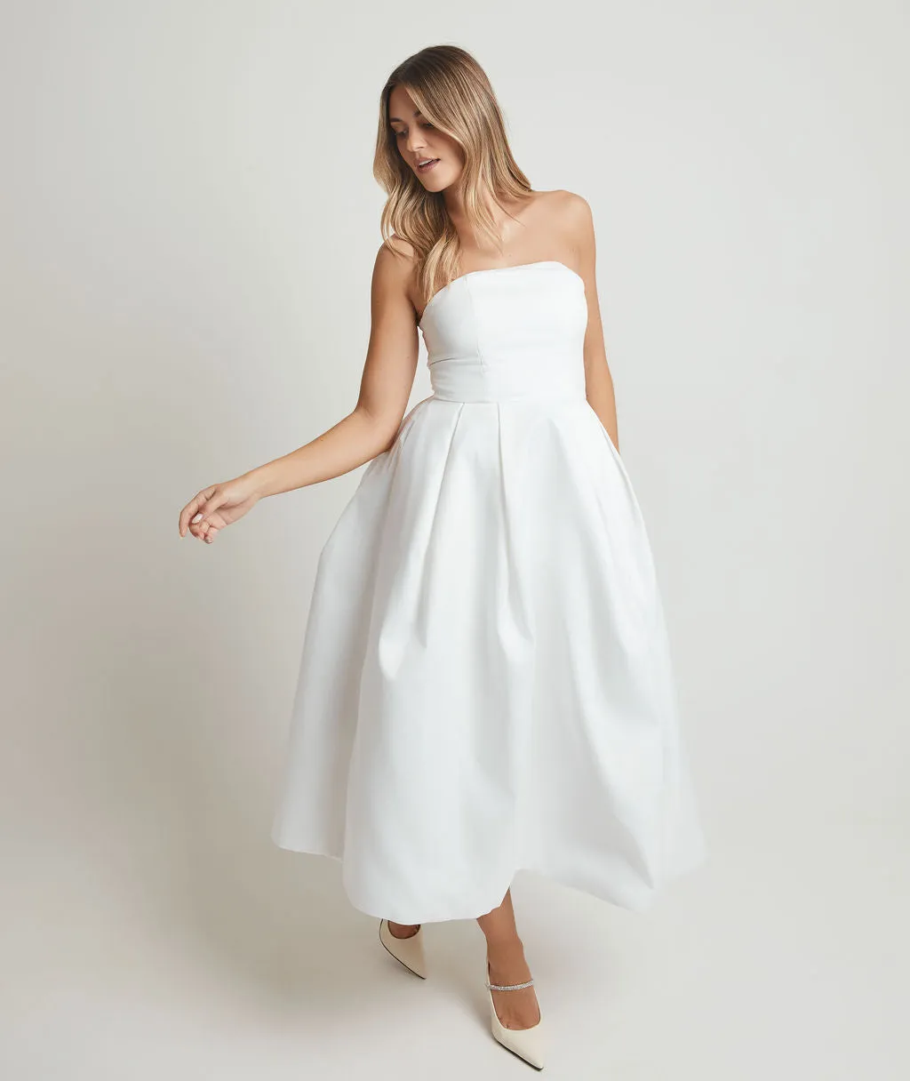 Strapless Bow Back Pleated Midi Dress - White