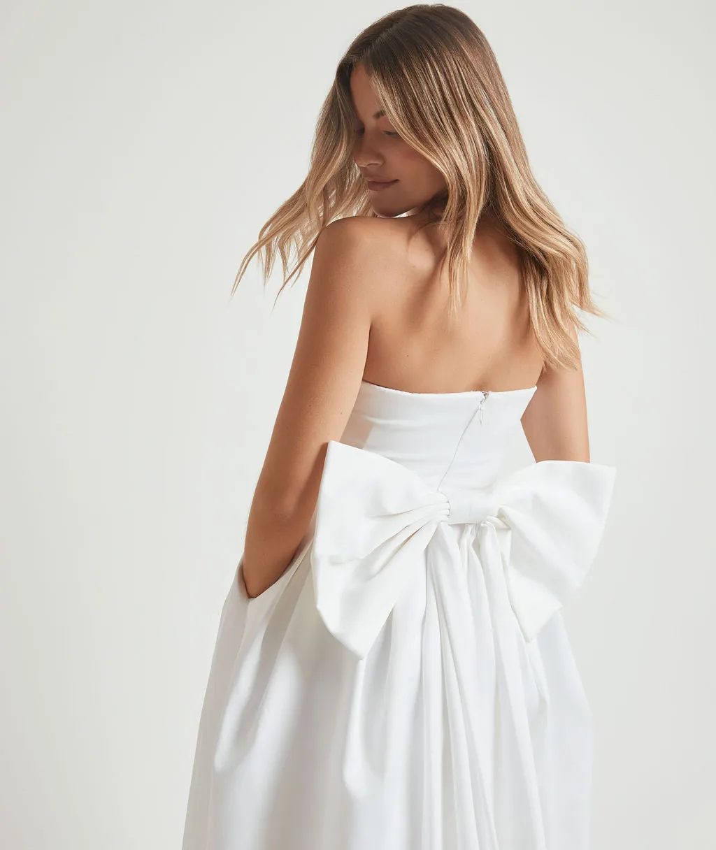 Strapless Bow Back Pleated Midi Dress - White