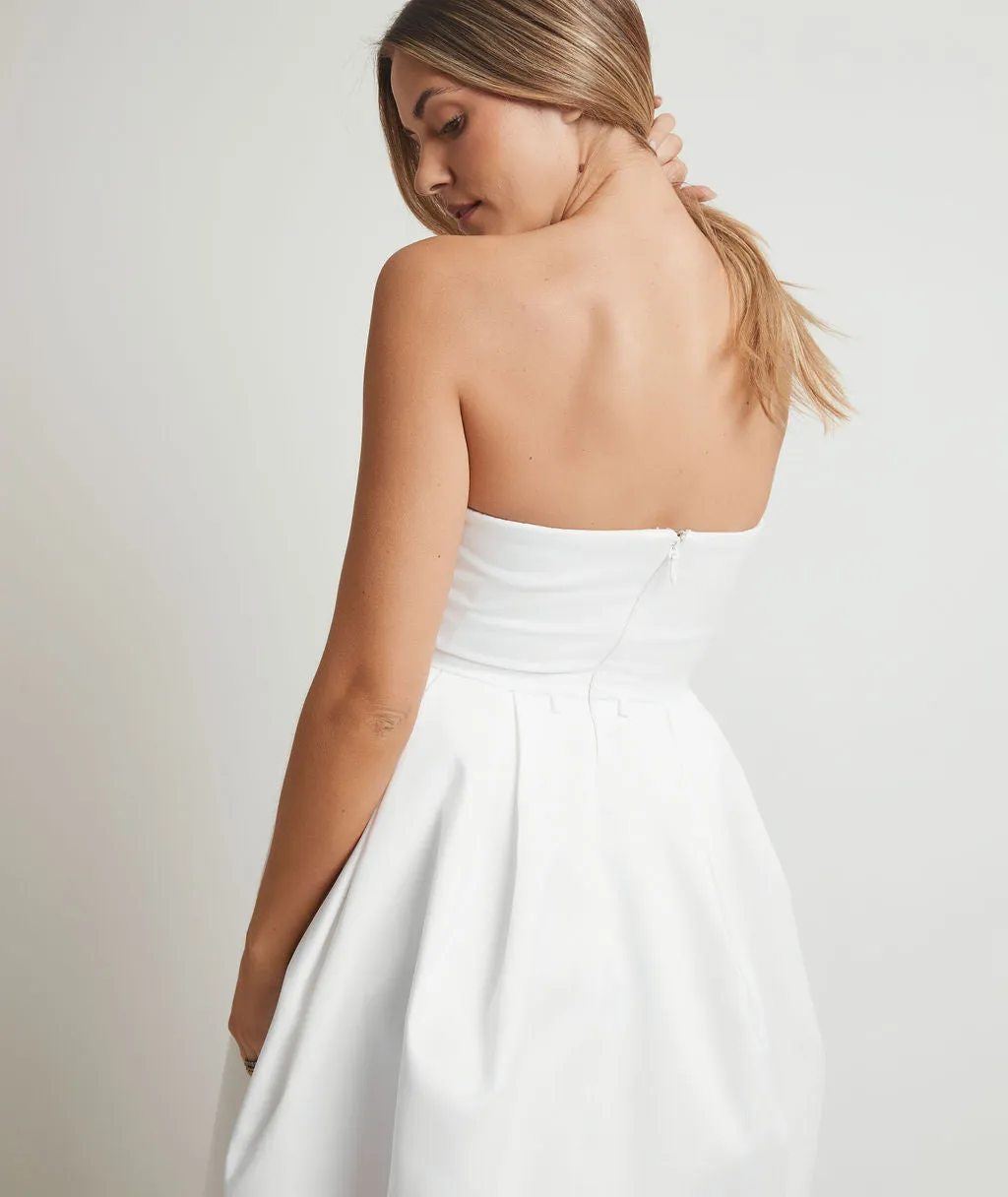 Strapless Bow Back Pleated Midi Dress - White