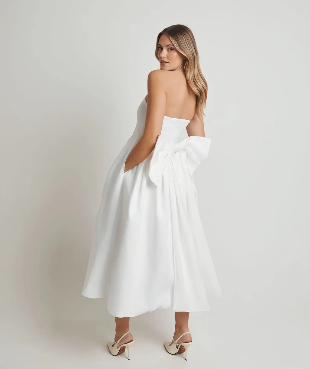 Strapless Bow Back Pleated Midi Dress - White