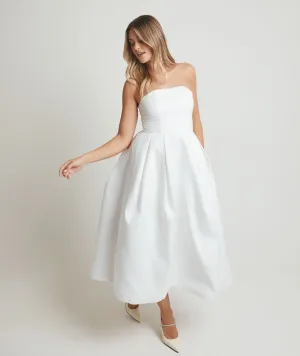 Strapless Bow Back Pleated Midi Dress - White