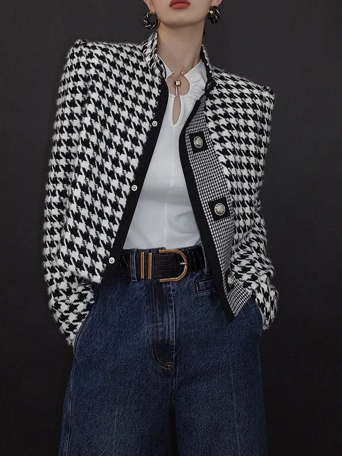Stylish Long Sleeves Loose Houndstooth Stand Collar Jackets