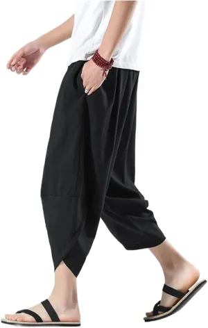 Summer Length Casual Men' Pants Wide Leg Cotton Linen Harem Baggy Clothing
