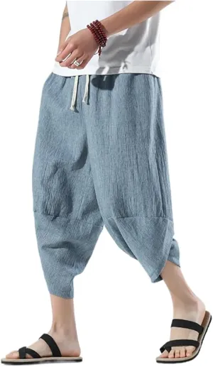 Summer Length Casual Men' Pants Wide Leg Cotton Linen Harem Baggy Clothing