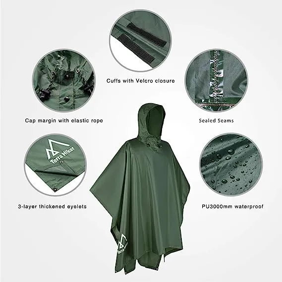 Terra Hiker Waterproof Rain Ponchos, Hiking Rain Jackets, Reusable Rain Coats for Outdoor Activities