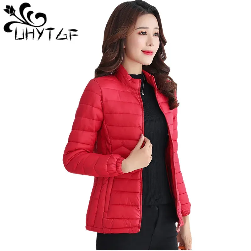 UHYTGF Thin Short Down Coats Women Parkas 2023 Winter Jackets for Women Coats Slim Big Size Female Parka Wave Pattern Jacket 44
