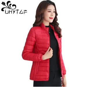 UHYTGF Thin Short Down Coats Women Parkas 2023 Winter Jackets for Women Coats Slim Big Size Female Parka Wave Pattern Jacket 44