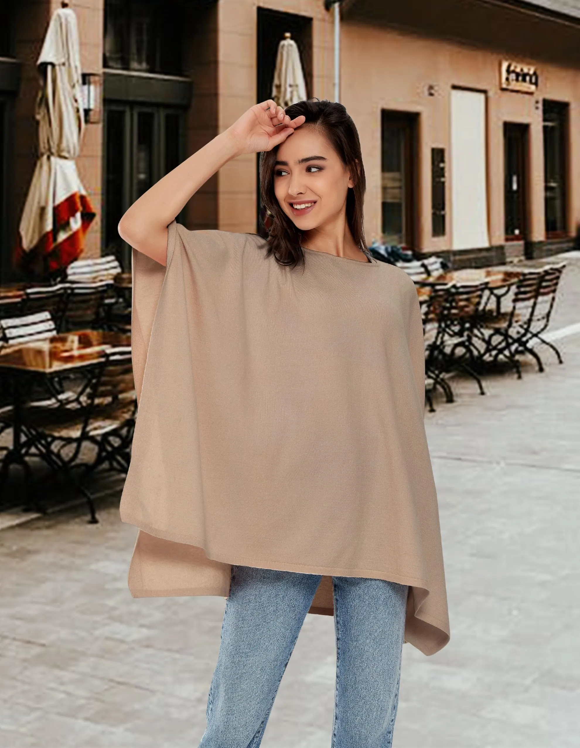 Womens Pullover Poncho Sweater Ponchos Cashmere Feel Shawl Loose Fitting Ponchos Wraps Baggy Tops for Fall
