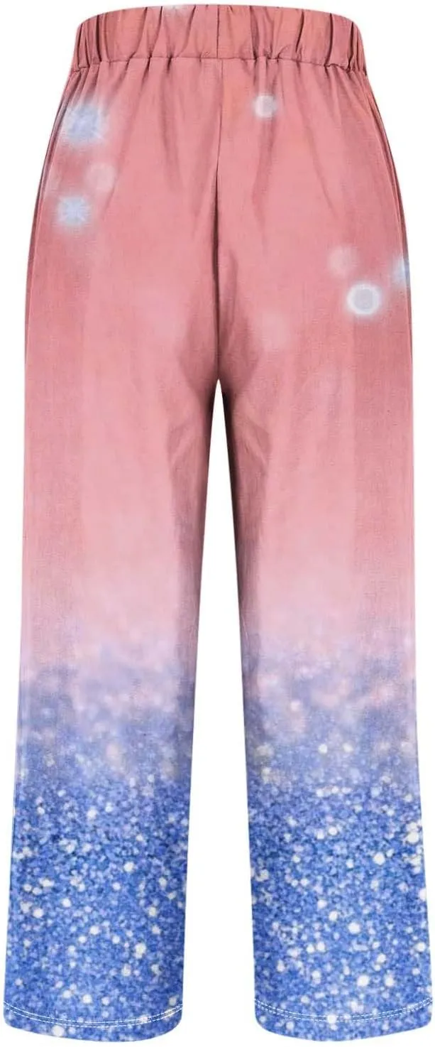 Womens Trendy Printed Linen Pants Summer High Elastic Waisted Long Pants Casual Straight Leg Trousers with Pockets