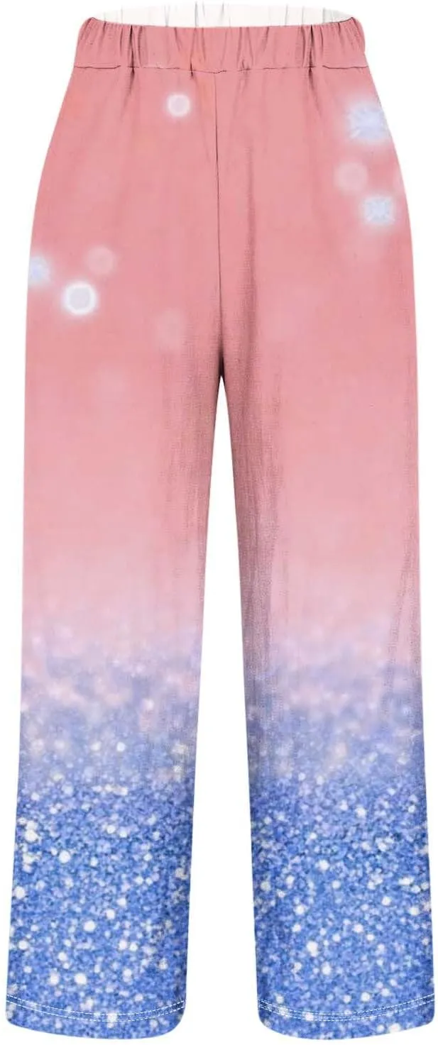 Womens Trendy Printed Linen Pants Summer High Elastic Waisted Long Pants Casual Straight Leg Trousers with Pockets