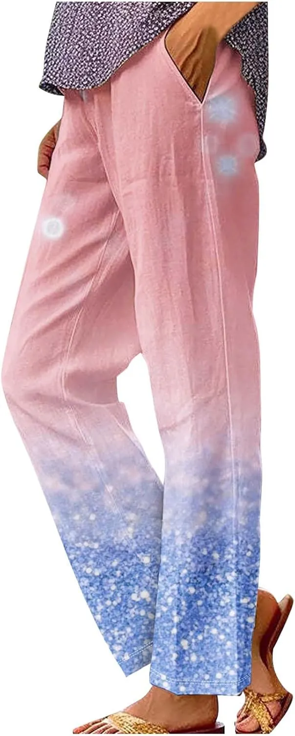 Womens Trendy Printed Linen Pants Summer High Elastic Waisted Long Pants Casual Straight Leg Trousers with Pockets