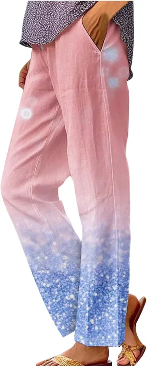 Womens Trendy Printed Linen Pants Summer High Elastic Waisted Long Pants Casual Straight Leg Trousers with Pockets