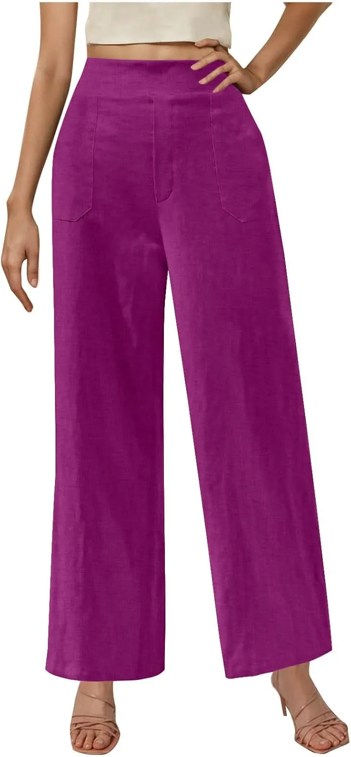 Women's Wide Leg Pants with Pockets Summer High Waisted Loose Linen Pants Plus Size Trendy Flowy Palazzo Trousers
