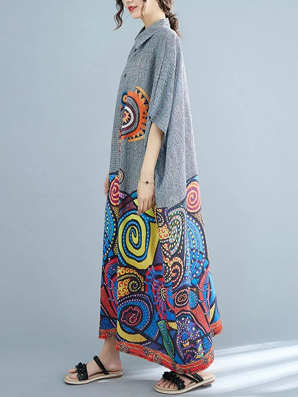 xakxx Batwing Sleeves Loose Printed Lapel Midi Dresses