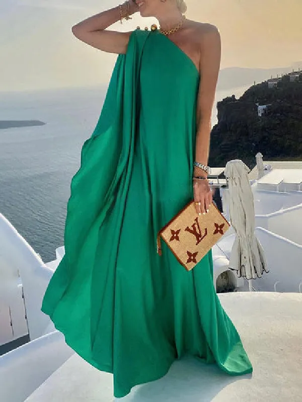 xakxx Simple Asymmetric Solid Color One-Shoulder Maxi Dresses